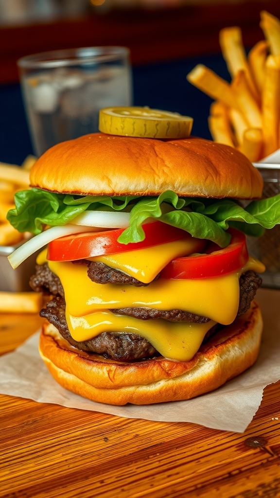 A juicy hamburger with cheese, lettuce, and tomato on a toasted bun with fries on the side.